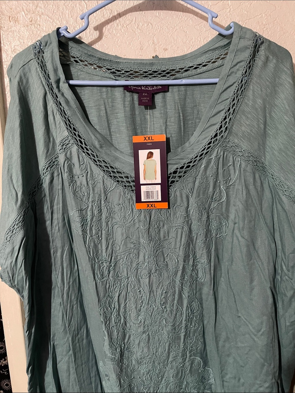 Gloria Vanderbilt blue Embroidered Crochet-Trim Tunic